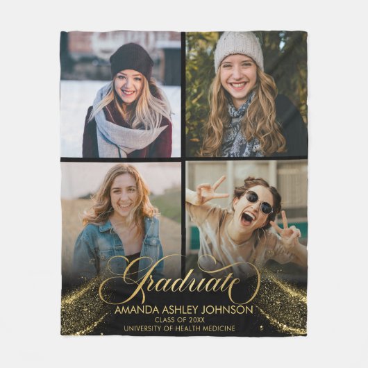 Afstuderen Fotocollage Zwart Goud Afstuderen Fleece Deken (Voorkant)