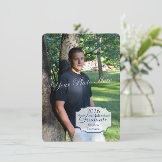 Afstuderen Fotodoos en Strepen Blauw Kaart (Staand voorkant)