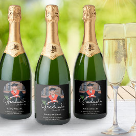Afstuderen fotonaam Black Stylish Graduation Party Sparkling Wijnetiket