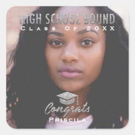 Afstuderen Fotonaam Grijs Glitter High School Mode Vierkante Sticker
