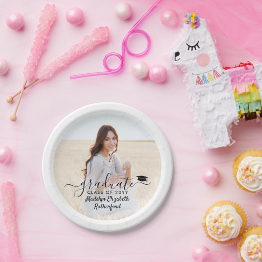 Afstuderen foto's en elegant zwart script, lesjaar papieren bordje (Feest)