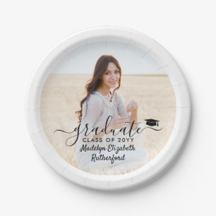 Afstuderen foto's en elegant zwart script, lesjaar papieren bordje