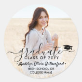 Afstuderen foto's en elegant zwart script, lesjaar ronde sticker (Voorkant)