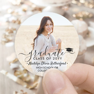 Afstuderen foto's en elegant zwart script, lesjaar ronde sticker