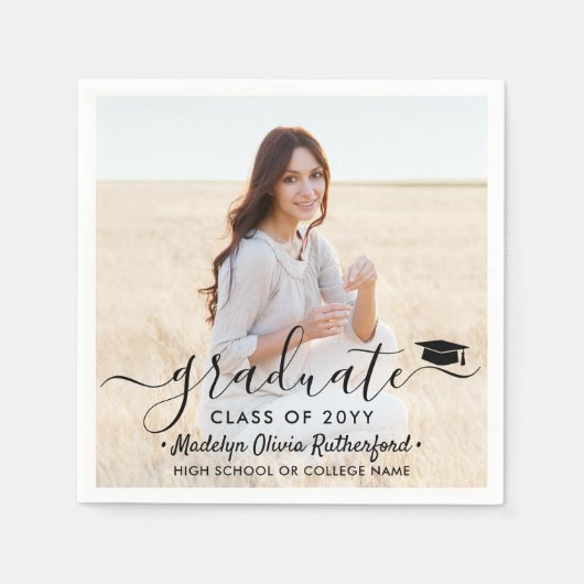 Afstuderen foto's en elegant zwart script, lesjaar servet (Voorkant)