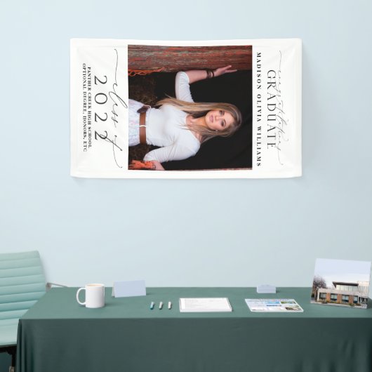 Afstuderen foto's en elegant zwart script, lesjaar spandoek (Beurs)