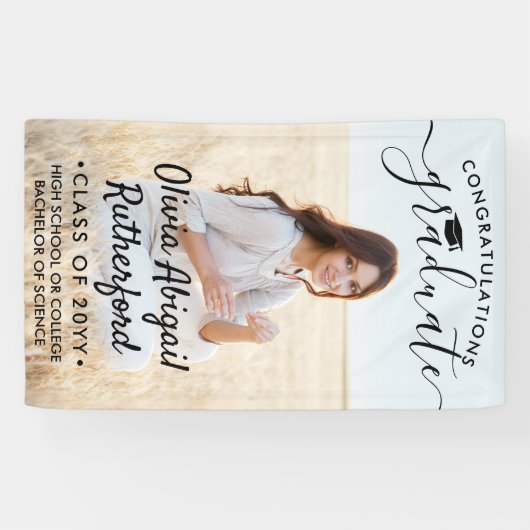 Afstuderen foto's en elegant zwart script, lesjaar spandoek (Horizontaal)