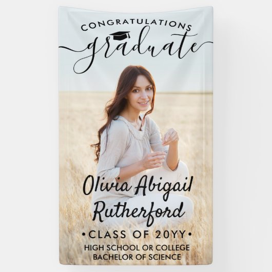 Afstuderen foto's en elegant zwart script, lesjaar spandoek (Verticaal)