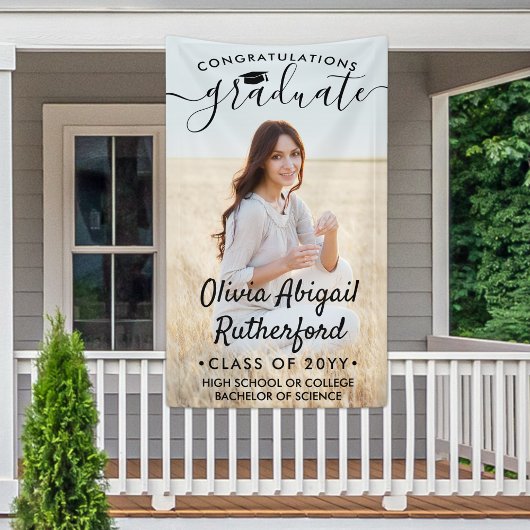 Afstuderen foto's en elegant zwart script, lesjaar spandoek