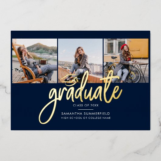 Afstuderen Foto's Navy Blue Gold Foil Aankondiging (Voorkant)