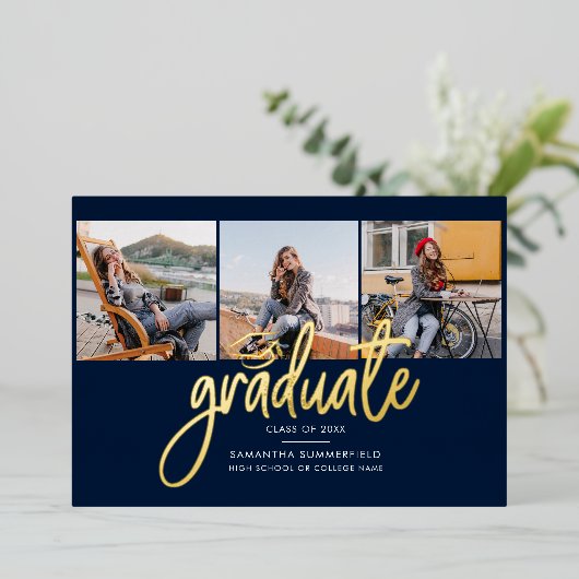 Afstuderen Foto's Navy Blue Gold Foil Aankondiging (Staand Voorkant)