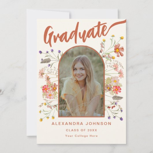Afstuderen Fotoscript Boho Floral Graduation Party Kaart (Voorkant)