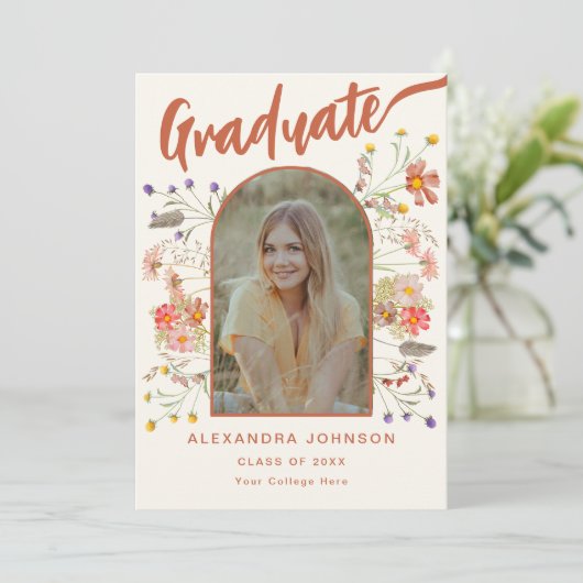 Afstuderen Fotoscript Boho Floral Graduation Party Kaart (Staand voorkant)