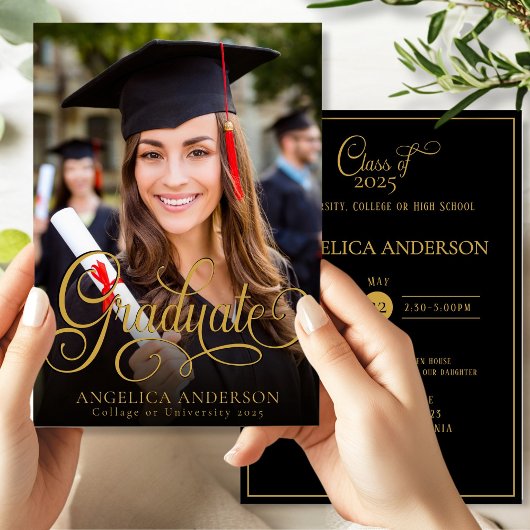 Afstuderen fotoscript Gold Black Invitation Kaart