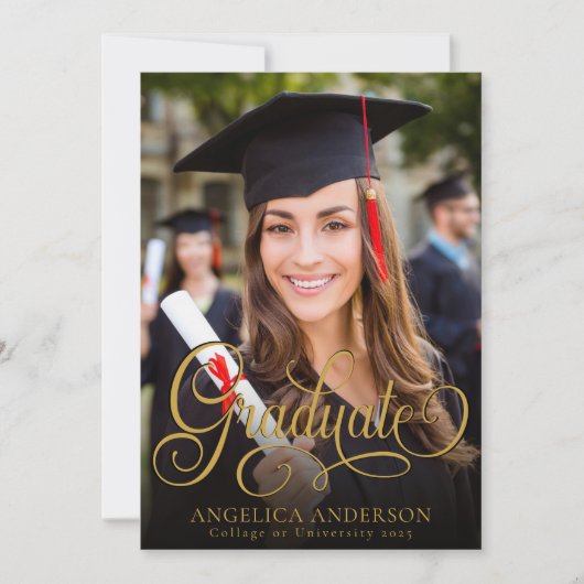 Afstuderen fotoscript Gold Black Invitation Kaart (Voorkant)