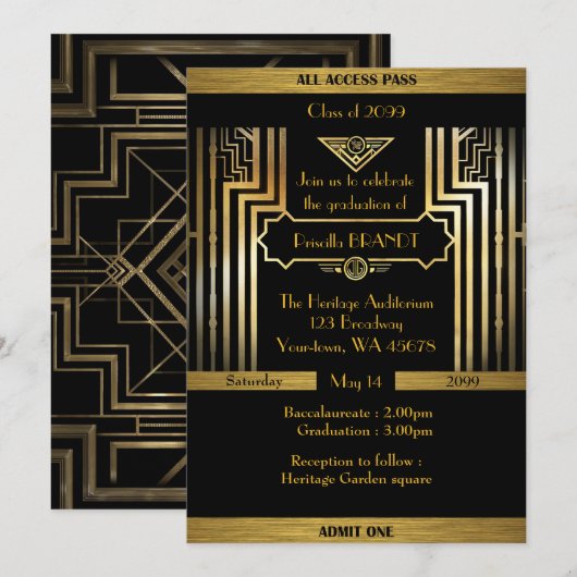 Afstuderen, Gatsby-stijl, kaartje, zwart goud Kaart (Voorkant / Achterkant)