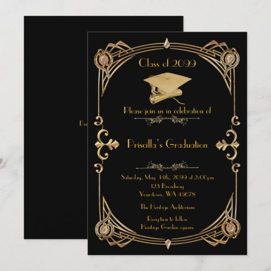 Afstuderen, Gatsby stijl, zwart goud, monogram ter Kaart (Voorkant / Achterkant)