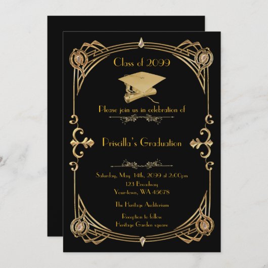 Afstuderen, Gatsby, zwart goud, monogram terug Kaart (Voorkant / Achterkant)