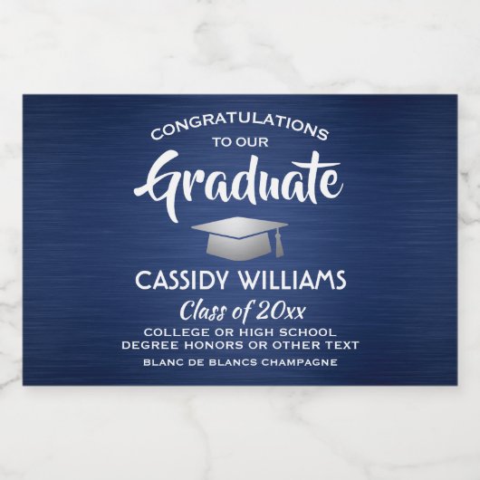 Afstuderen geborsteld marineblauw en witte mini ge sparkling wijnetiket (Enkel label)