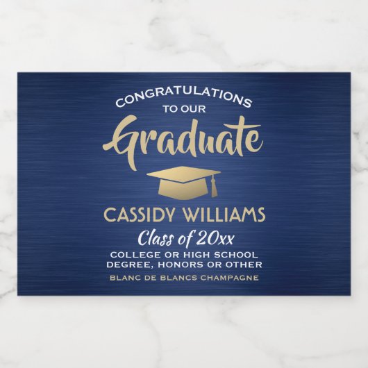 Afstuderen geborsteld marineblauw goud witte mini- sparkling wijnetiket (Enkel label)