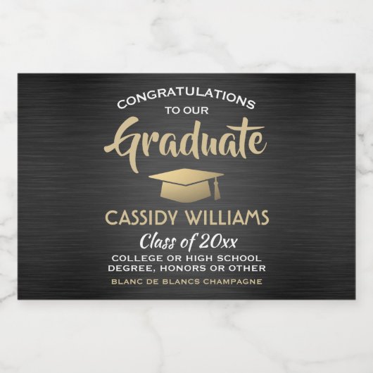 Afstuderen geborsteld zwart goud en witte mini ges sparkling wijnetiket (Enkel label)