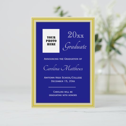 Afstuderen Geel Goud Lijst Blauw Afstuderen Aankondiging (Staand voorkant)