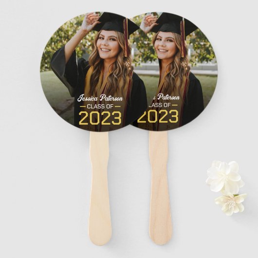 Afstuderen Geel Script Afstudeerder Foto Modern Pa Handwaaier (Voorkant en achterkant)