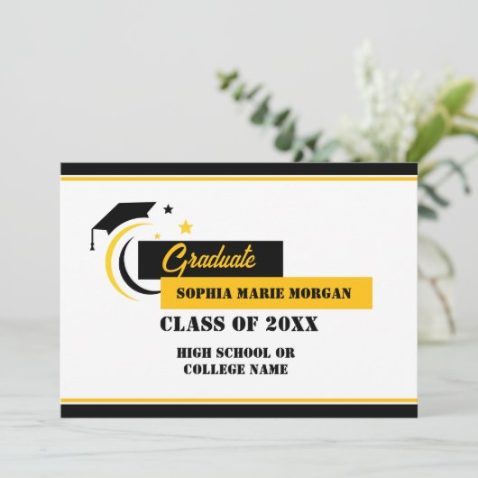 Afstuderen Geel Zwart Wit Afstuderen Aankondiging (Staand voorkant)