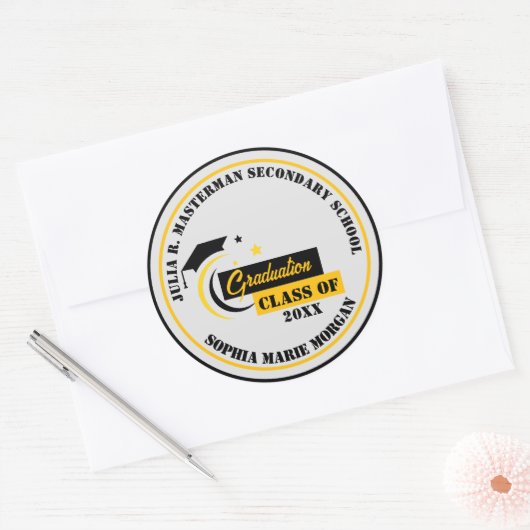 Afstuderen Geel Zwart Wit Afstuderen Classic Ronde Sticker (Envelop)