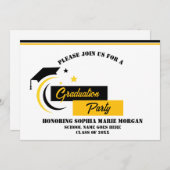 Afstuderen geel zwart wit Afstuderen uitnodiging (Voorkant / Achterkant)