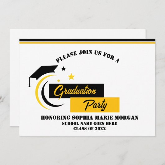Afstuderen geel zwart wit Afstuderen uitnodiging (Voorkant / Achterkant)