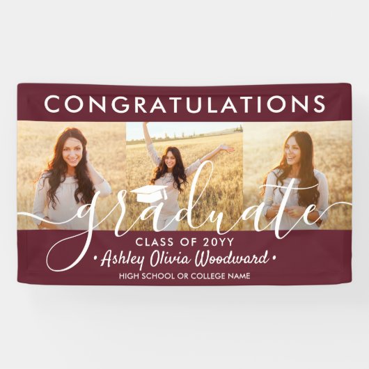 Afstuderen Gefeliciteerd 3 Foto Collage Maroon & W Spandoek (Horizontaal)