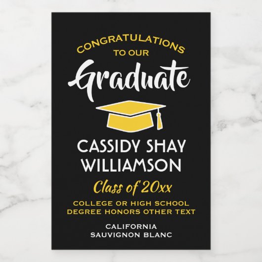 Afstuderen Gefeliciteerd Elegant Black Gold Yellow Wijn Etiket (Enkel label)