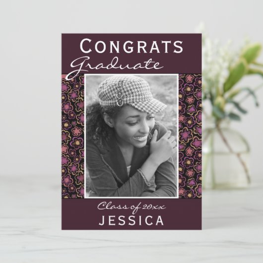 Afstuderen Gefeliciteerd Flower Pattern Photo Afst Kaart (Staand voorkant)