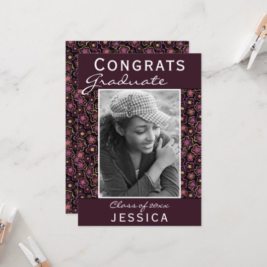 Afstuderen Gefeliciteerd Flower Pattern Photo Afst Kaart (Voorkant / Achterkant in situ)