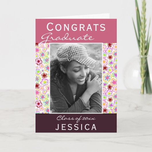 Afstuderen Gefeliciteerd Flower Pattern Photo Afst Kaart (Voorkant)