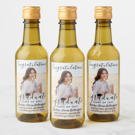 Afstuderen Gefeliciteerd Foto Black Script Mini Wijn Etiket (Flessen)