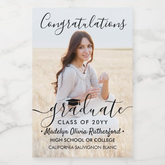 Afstuderen Gefeliciteerd Foto Black Script Mini Wijn Etiket (Enkel label)