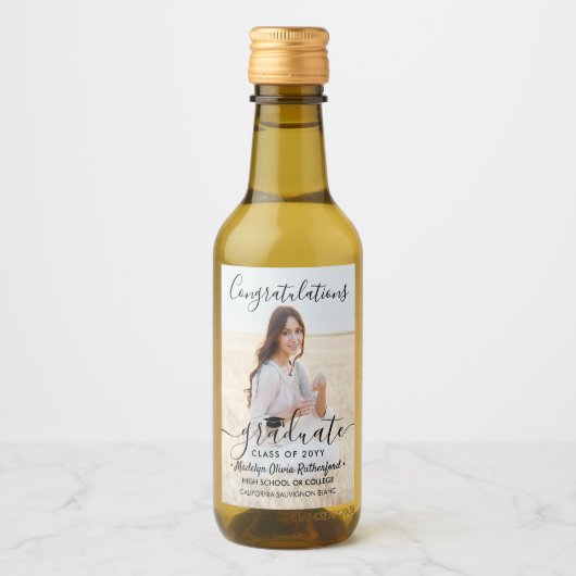 Afstuderen Gefeliciteerd Foto Black Script Mini Wijn Etiket (Voorkant)