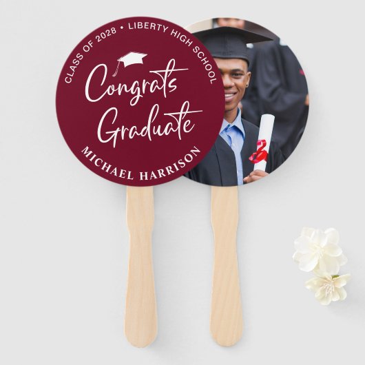 Afstuderen Gefeliciteerd Foto Burgundy Handwaaier (Voorkant en achterkant)