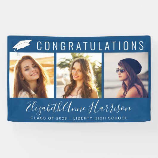 Afstuderen Gefeliciteerd Foto Collage Blue Spandoek (Horizontaal)