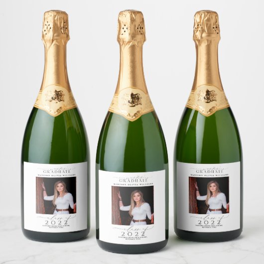 Afstuderen Gefeliciteerd Foto zwart script Sparkling Wijnetiket (Flessen)