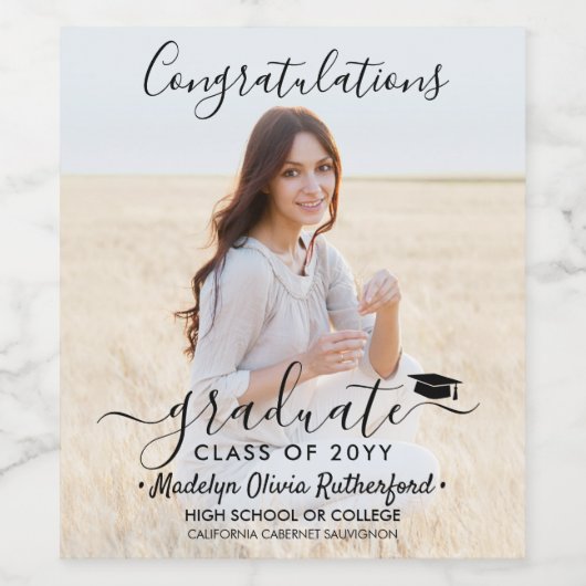 Afstuderen Gefeliciteerd Foto & Zwart script Wijn Etiket (Enkel label)