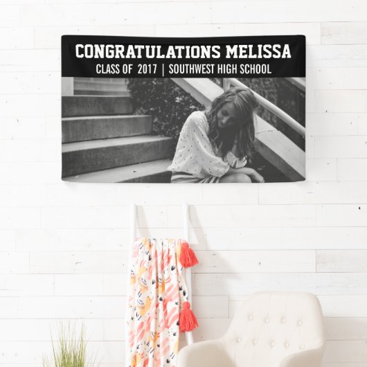Afstuderen Gefeliciteerd Foto zwart Spandoek (Insitu)