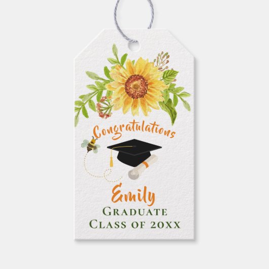 Afstuderen Gefeliciteerd Gele Floral Zonnebloem Cadeaulabel (Voorkant)