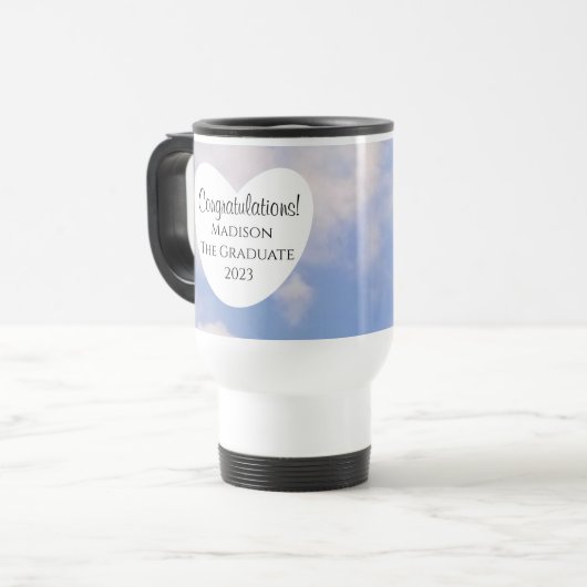 Afstuderen gefeliciteerd Light Blue Sky Reisbeker (Voorkant links)