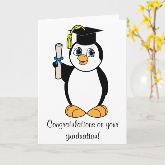 Afstuderen Gefeliciteerd met Boy Penguin Kaart (Gele Bloem)