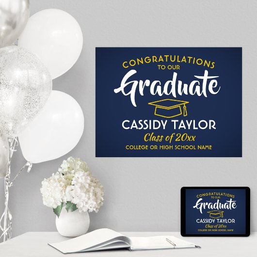 Afstuderen gefeliciteerd Navy Blue Gold Yellow & W Poster