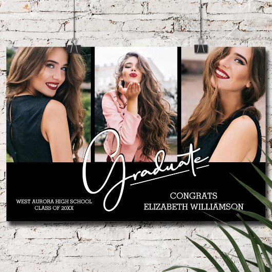 Afstuderen Gefeliciteerd Zwart Modern 3 Foto Poster
