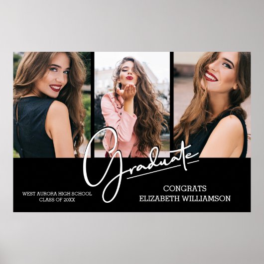 Afstuderen Gefeliciteerd Zwart Modern 3 Foto Poster (Voorkant)